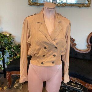 Bally Button Front Cropped Trench Jacket Long Sleeve Elastic Hem Size S Tan